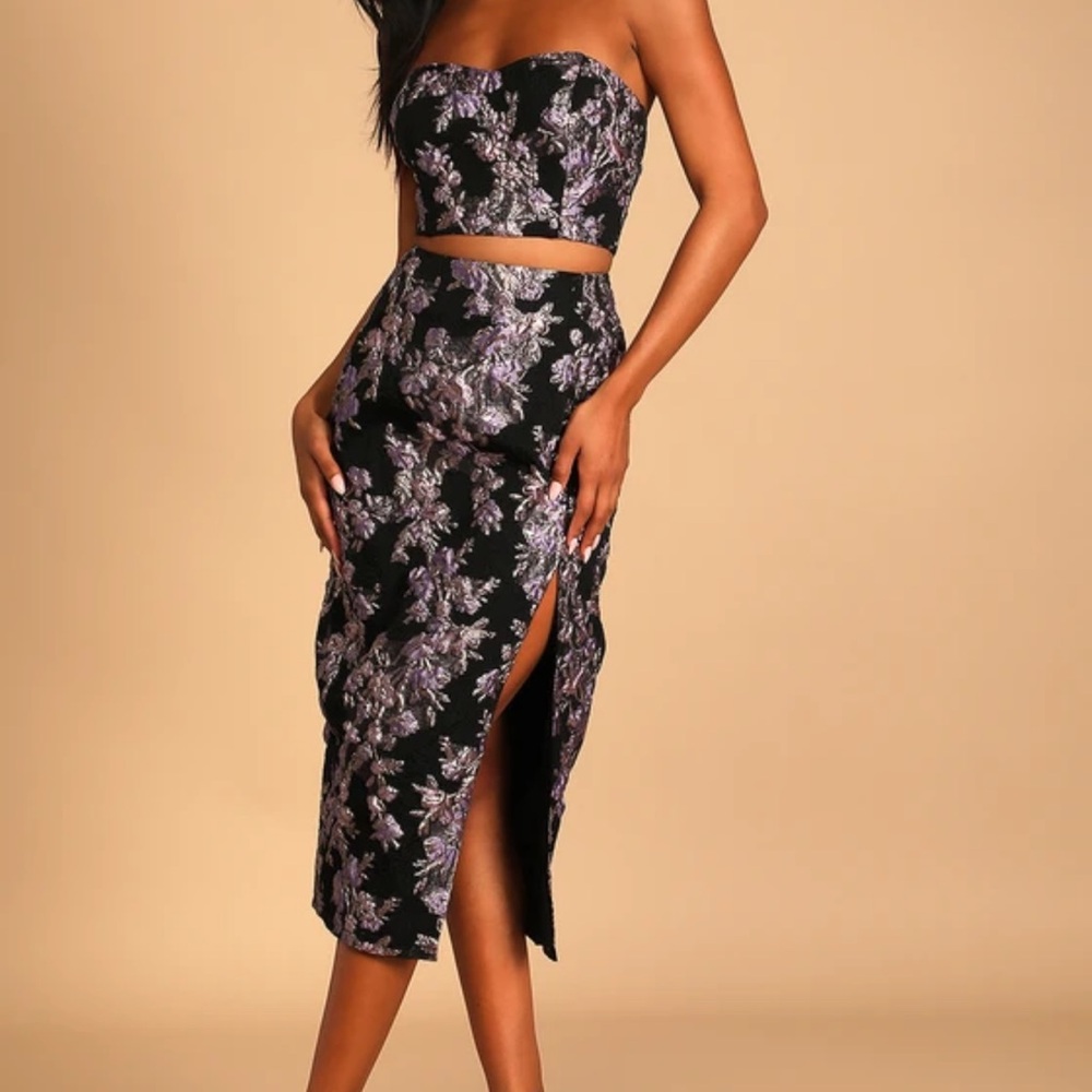 Lulus - Invite List Black Floral Jacquard Strapless Crop Top and Midi skirt